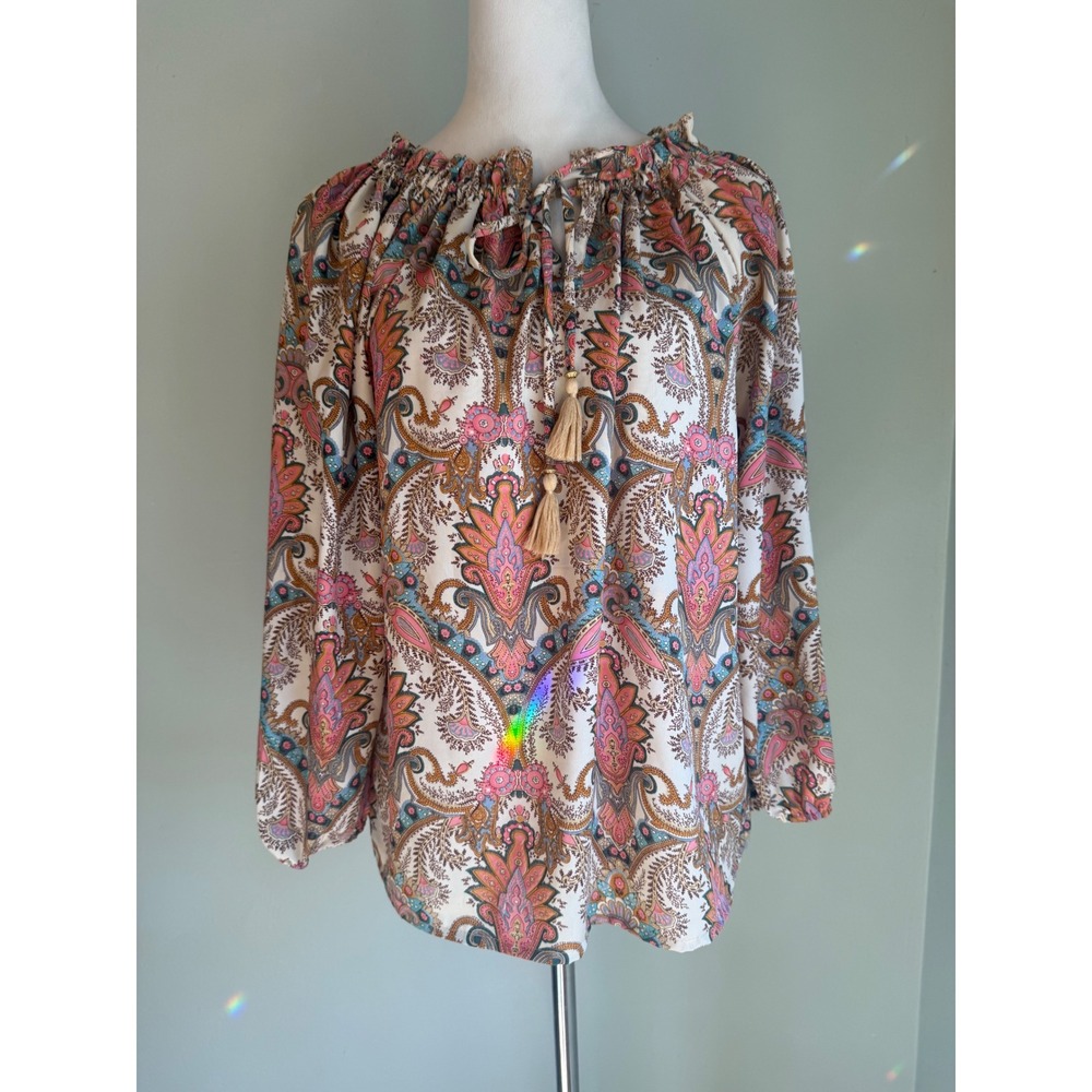 Boemo Paisley Tassel boho Blouse Pink Blue LongSleeve Top M shirt whimsi cottage - Picture 3 of 7